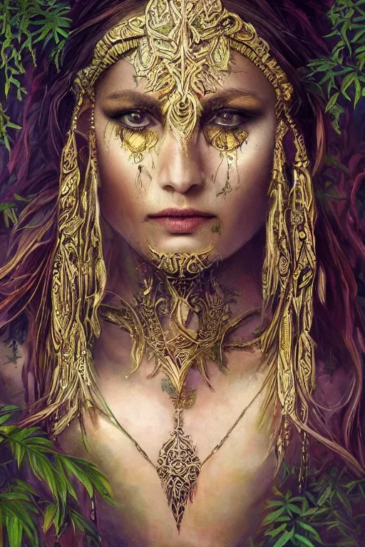 Image similar to oil painting of beautiful fantasy female warrior in the forest, symmetrical face, beautiful face, intricate jewellery, filigree armour, ethnic tattoos, big earrings, shining eyes, crystals, covered in plants, mystical trees, realistic oil painting, baroque, renaissance painting, dramatic, cinematic light, trending on artstation, rule of thirds, highly detailed, 8 k