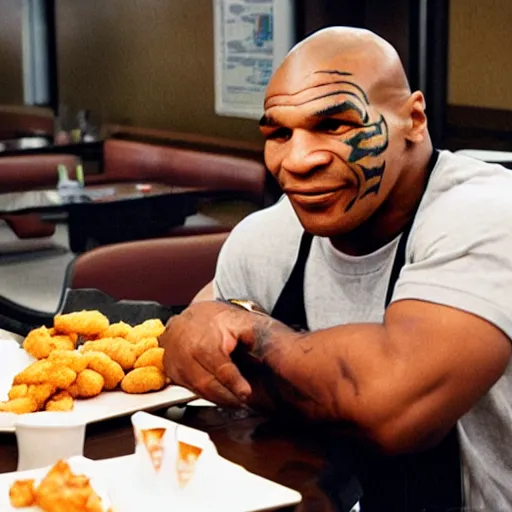 Prompt: Mike tyson sitting at a table in McDonald’s eating 200 chicken nuggets