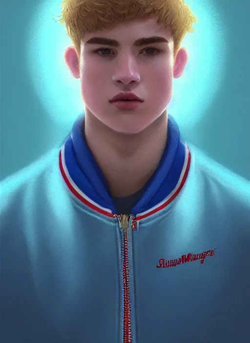 Prompt: portrait of high school senior boy named big moose, blonde short hair, jock, beefy, wide face, square jaw, square facial structure, blue varsity jacket with his name, intricate, elegant, glowing lights, highly detailed, digital painting, artstation, concept art, sharp focus, illustration, art by wlop, mars ravelo and greg rutkowski