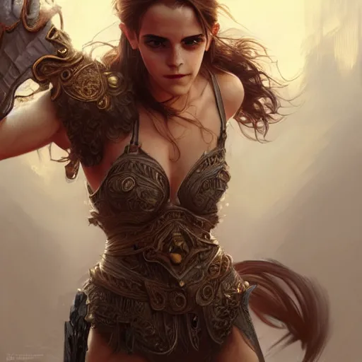 Image similar to portrait of emma watson, muscular, upper body,big chest, amazon warrior, fantasy, intricate, elegant, highly detailed, digital painting, artstation, concept art, matte, sharp focus, illustration, art by Artgerm and Greg Rutkowski and Alphonse Mucha