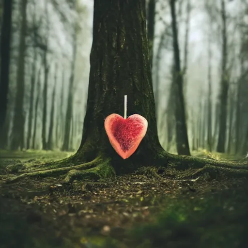 Prompt: photograph of an anotomicallt cotrect human heart sitting on the ground in a forest of dead trees