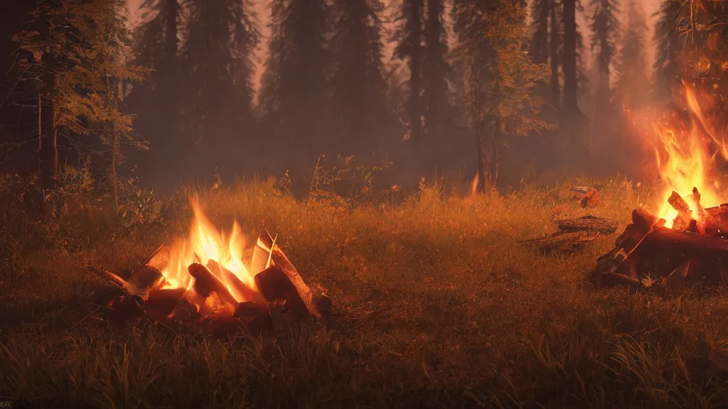 Prompt: beautiful closeup render of a campfire, unreal engine, smoke, sparks, night, soft light, forest, hut, camp, aurora by greg rutkowski, cgsociety