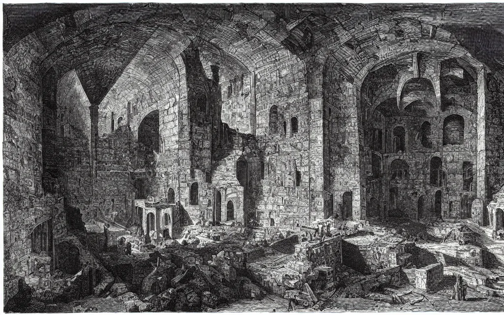 Image similar to an engraving of a medieval dungeon, carceri d'invenzione, by giovanni battista piranesi, gustave dore, volumetric lighting