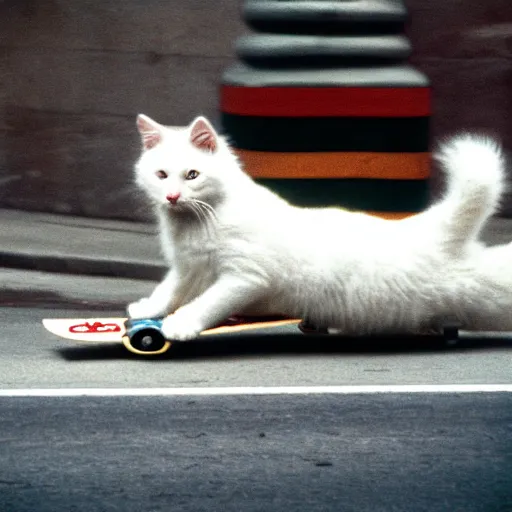 Prompt: leica s photograph, kodachrome film, subject is a white furry cat riding on a skateboard that is rolling down broadway in nyc