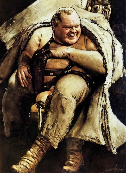 Prompt: kenneth mcmillan as baron vladimir harkonnen in dune, dynamic, by norman rockwell and craig mullins and lawrence alma tadema and nc wyeth and tom lovell, arstation baron character