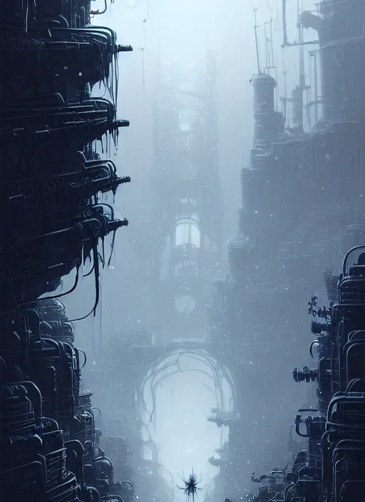 Image similar to highly detailed portrait of a frostpunk long curly white hair tribal lady, stray wiring by atey ghailan, james gilleard, by joe fenton, by greg rutkowski, by greg tocchini, by kaethe butcher, 4 k resolution, gradient blue, black and white color scheme!!! ( ( glaciated robotic dystopian city background ) )