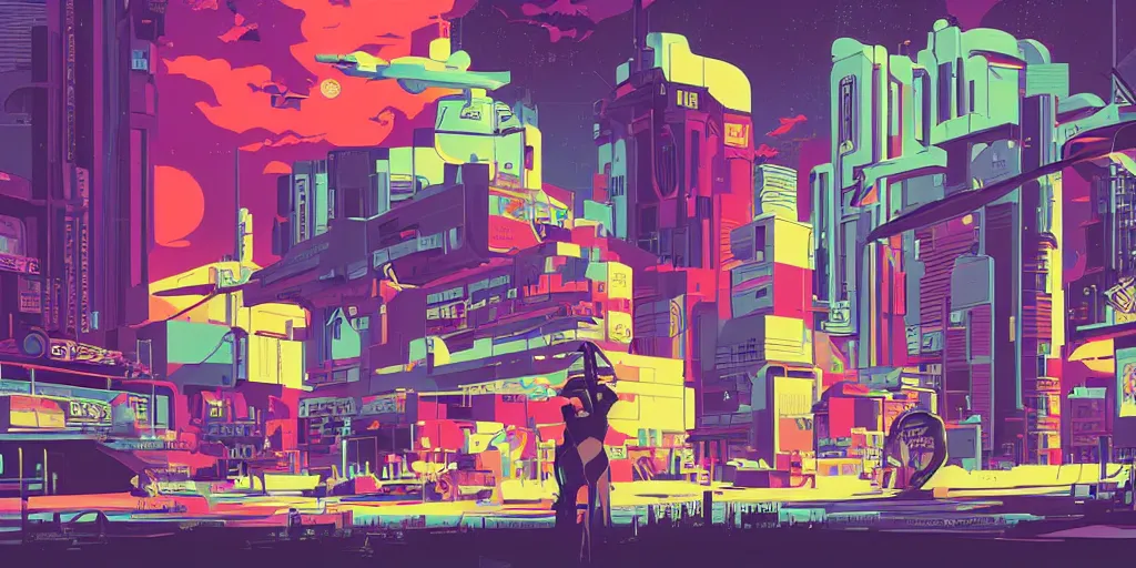 Image similar to unicorn in a futuristic cyberpunk town. By Tom Whalen, highly detailed