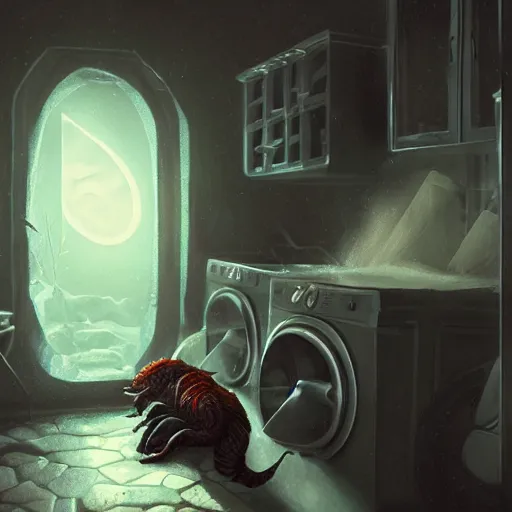 Prompt: demonic creature with giant claws crawling out of a washing machine in a laundry room, cinematic lighting, inspired by Evgeny Lushpin,George, greg rutkowski winter,nighttime,cinematic,art station