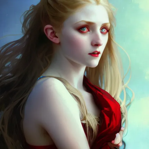 Image similar to portrait of a beautiful young fit girl vampire with long blonde hair and blue eyes with her fans in a person's neck, wearing a skirt, by greg rutkowski and alphonse mucha, d & d character, gradient white to red, modern nocturnal background, highly detailed portrait, digital painting, artstation, concept art, smooth, sharp focus ilustration, artstation hq