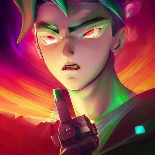 Image similar to A digital matte intricate illustration concept art of young Danny phantom with glowing green eyes and sharp teeth alt art fashion inspired art by Charlie Bowater and Artgerm and Mark Arian and Ross Tran + neon colors, wakfu colors + symmetry + greco-roman art, intricate complexity, epic composition, magical atmosphere, highly detailed, cinematic lighting + masterpiece, trending on artstation + 8k