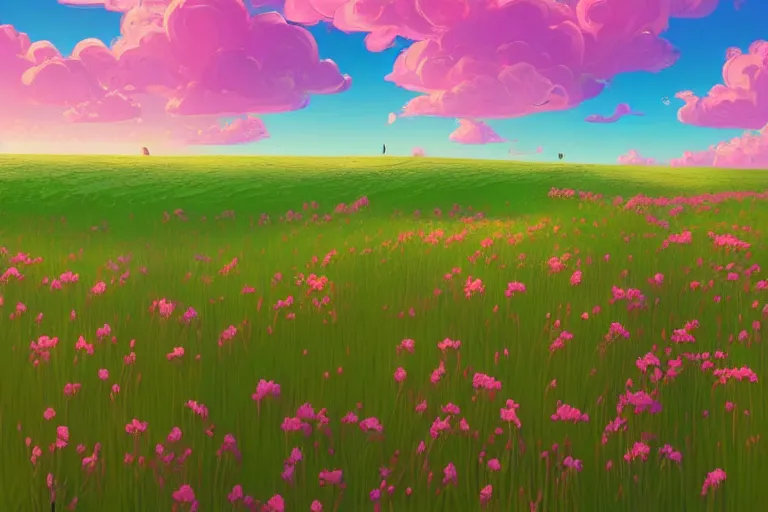 Image similar to green lush Field with beautiful flowers, aesthetic, calming, pink and yellow clouds in the sky, brightly illuminated by rays of sun, Clouds backlit by the sun, sunset ,artstation, colorful sylvain sarrailh illustration, by peter chan, day of the tentacle style