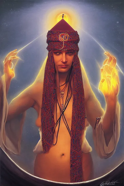 Prompt: gorgeous Sufi shaman cult girl, opening third eye chakra, dark theme night time, expanding electric energy waves into the ethereal realm, epic surrealism 8k oil painting, portrait, perspective, high definition, post modernist layering, by Greg Hildebrandt, Gerald Brom