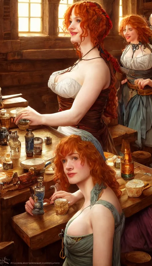 Image similar to young christina hendricks in a tavern, energetic, laughing, fit, warhammer, lord of the rings, sweaty, strong, intricate, highly detailed, digital painting, artstation, concept art, smooth, sharp focus, illustration, unreal engine 5, 8 k, art by artgerm and greg rutkowski and alphonse mucha