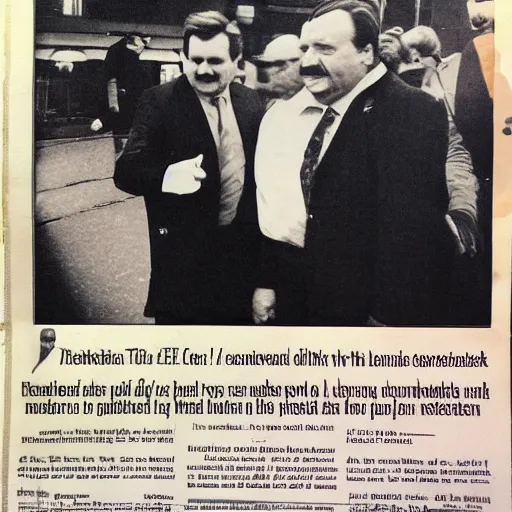 Prompt: Tom the Box meeting Lech Wałęsa, real men, real politics, hyper detailed, hyper realistic, newspaper photography