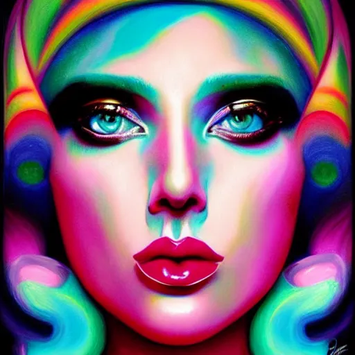 Image similar to colorful vaporwave lady gaga art deco portrait, an ultrafine detailed painting by rafal olbinski, thomas cole, behance contest winner, pop surrealism, detailed painting, very detailed, minimalist, skeuomorphic, airbrush art