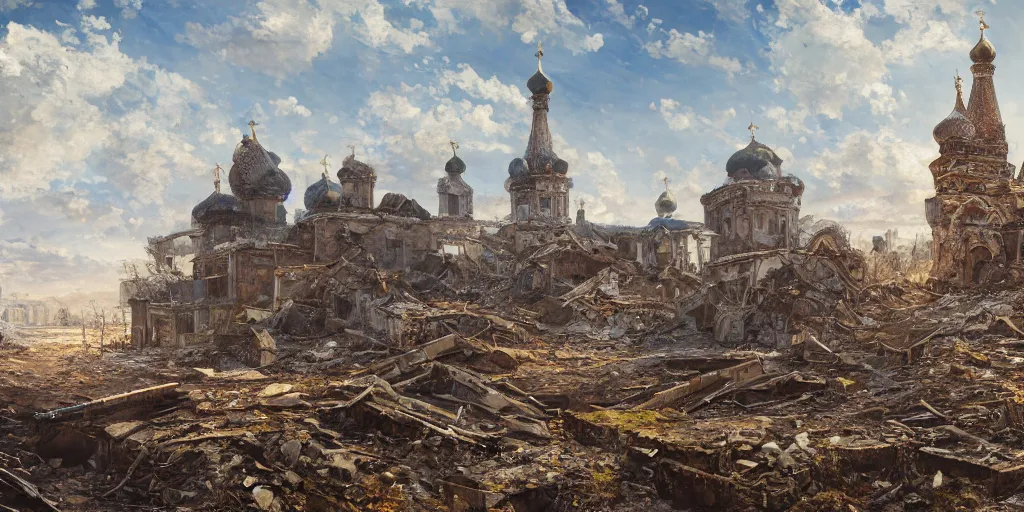 Prompt: An abandoned destroyed russian city, abandoned, ruined buildings, oil painting, painting by Viktor Vasnetsov, concept art, fantasy cityscape, ancient Russian architecture, painting by Ivan Shishkin, hyperborea, high resolution, trending on artstation,