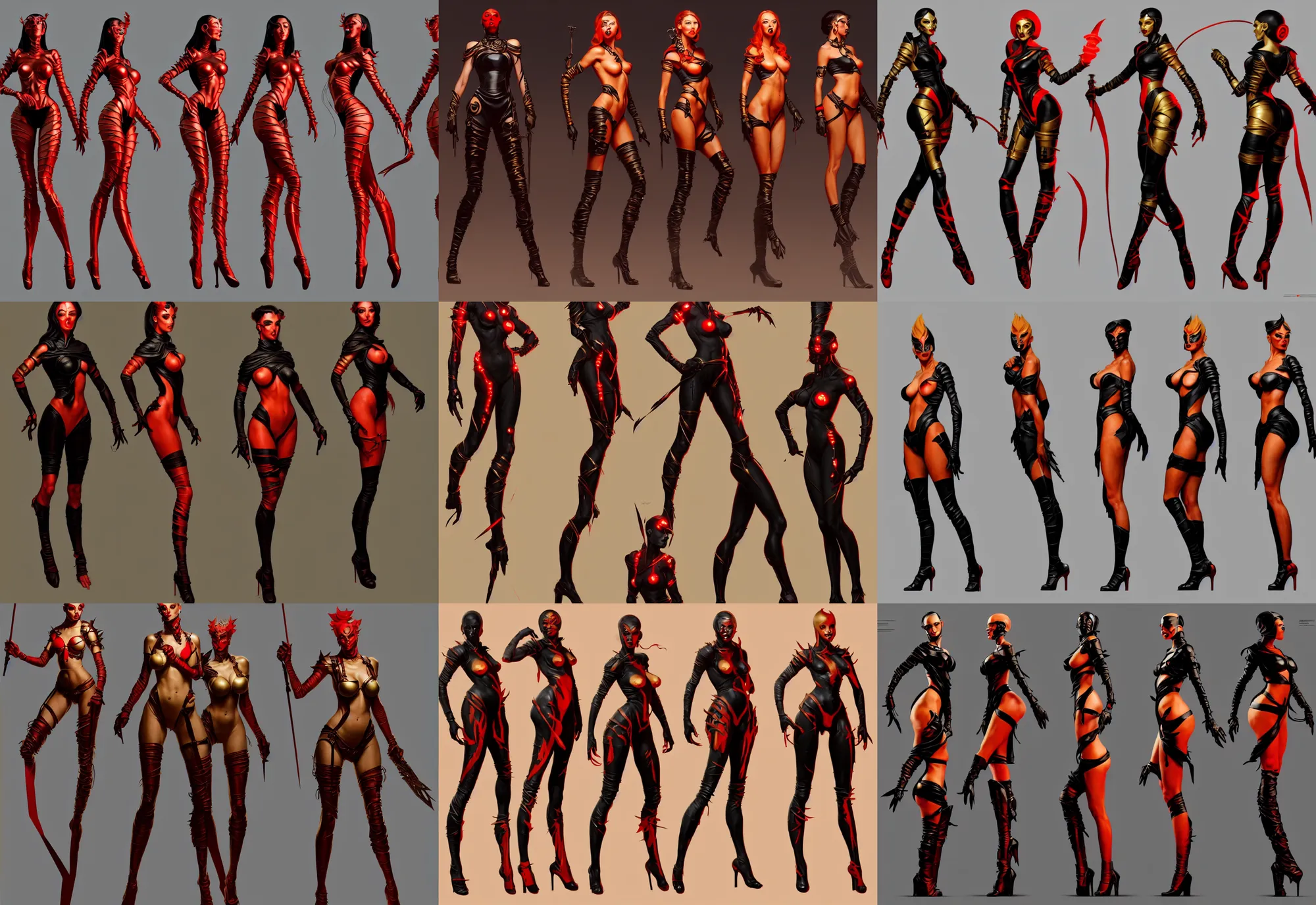 Prompt: three views game character design by illustrator of riot games, donato giancola and greg rutkowski. just one lonely black tape project show attctive showgirl!! full body!! future head set. contour light effect!! 8 k. red, golden and black. stage light. octane render. sharp edge. ultra clear detailed