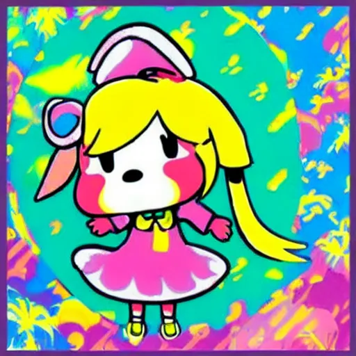 Prompt: isabelle from animal crossing in the style of lisa frank