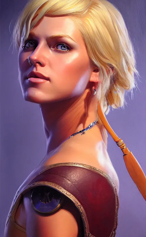 Image similar to full body character art of beautiful female huntress, pretty face, symmetrical features, short blonde hair, by james gurney, volumetric lighting, detailed, oil painting