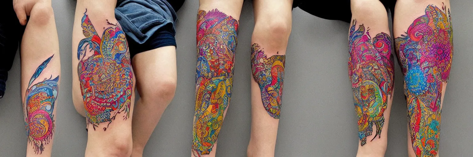 Image similar to intricate colorful tattoos design pattern for legs, by yakuzas, art on a canvas