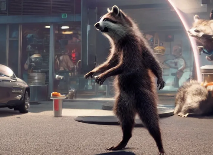 Prompt: film still of Rocket Racoon working at McDonald's in the new Avengers movie, 4k
