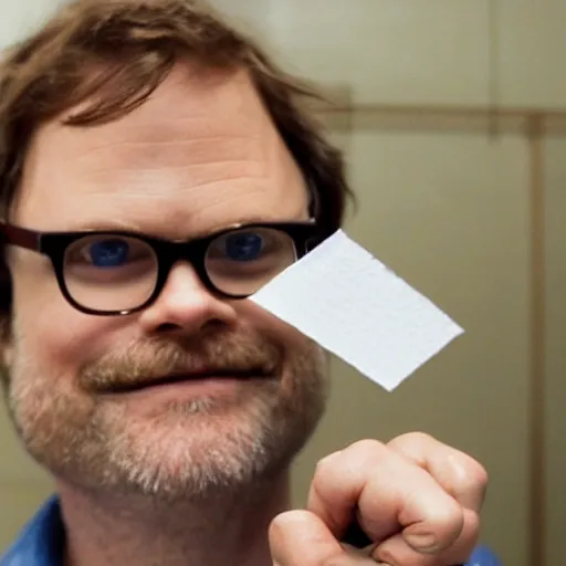 Image similar to proud rainn wilson holding a tiny piece of paper and a fish above his head by rubins