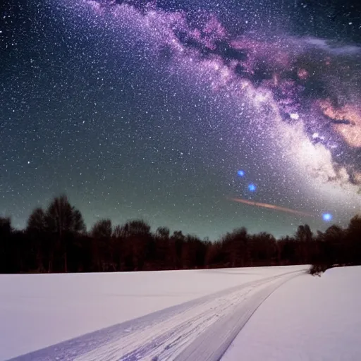 Prompt: a night train rushes through the milky way, winter