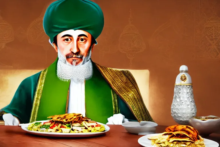 Image similar to Ottoman Sultan Mehmet IV eating shawarma in a restaurant, wearing big ovular turban and a luxurious Ottoman coat, green eyes, super realistic facial features, detailed face, Ottoman Sultanate, cheerful, expressive, photorealistic, hyperrealism, micro details, HDR Shot