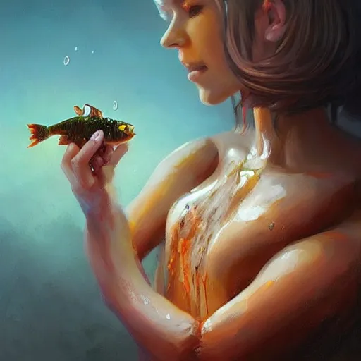 Image similar to a fish covered in chocolate syrup. soft, atmospheric, warm lighting. highly detailed digital painting by mandy jurgens.
