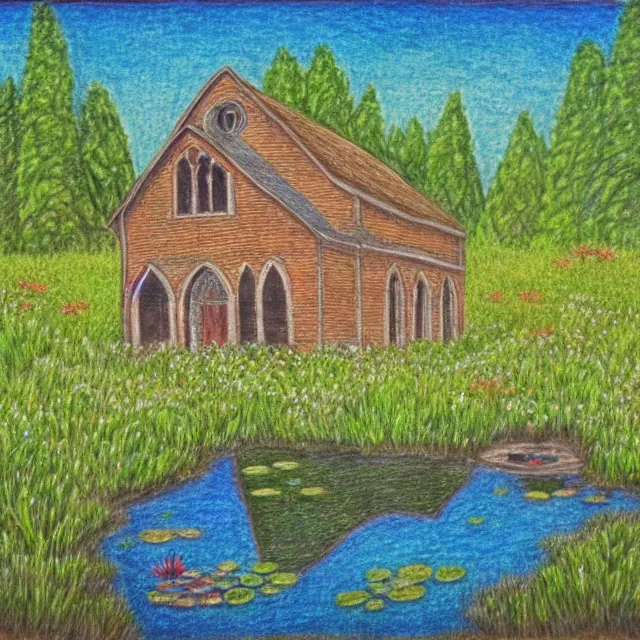 Prompt: abandoned church in a forest flower meadow with a pond landscape, colored pencil drawing