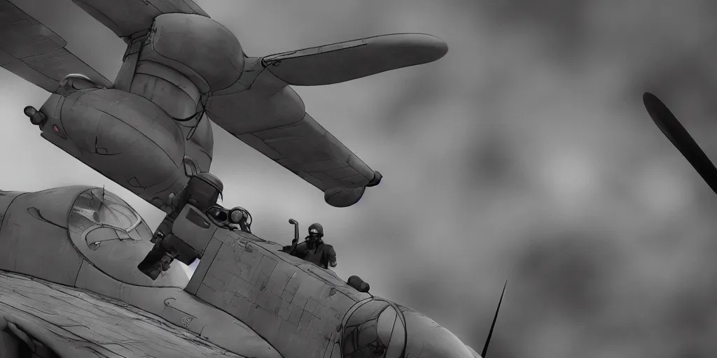 Image similar to close up cinematic shot of a world war two bomber with turret gunner, ghibli style