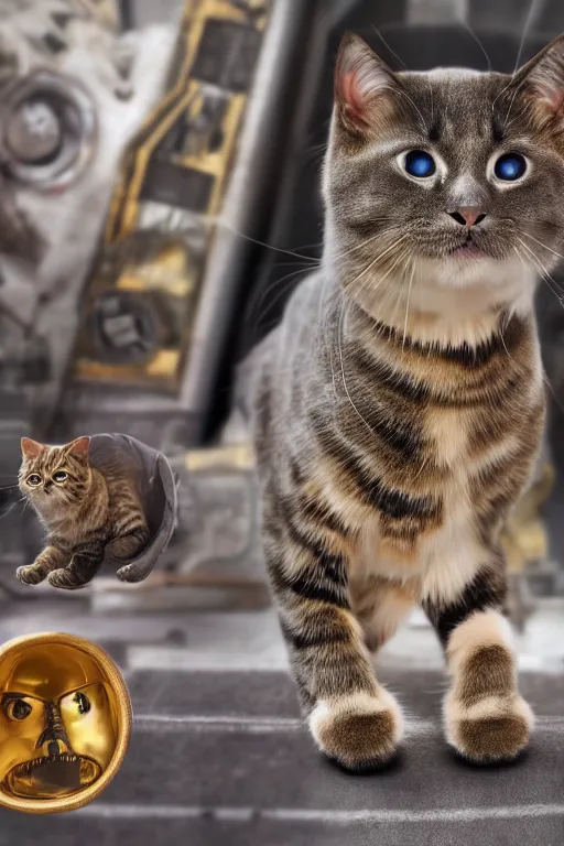 Image similar to star wars cats, cats put in different uniforms and situations, while aboard on a 1 2 mile capital ship. zoomed in shots, photorealistic, sharp focus, vintage cold colour temperture, f 0. 4, face centred, golden hour