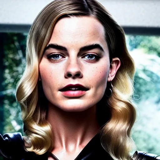 Image similar to a woman who is a genetic combination of margot robbie and emma watson face and upper - body focus