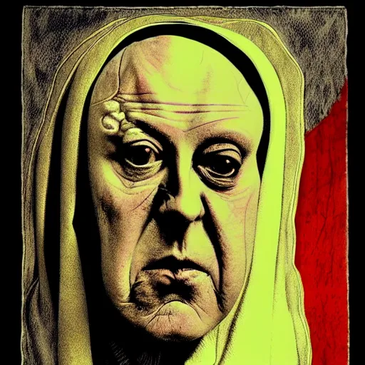 Image similar to graphic illustration, creative design, aleister crowley as a nun, biopunk, francis bacon, highly detailed, hunter s thompson, mixed media