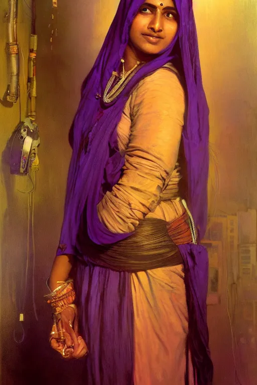 Image similar to hyperrealist portrait of a young indian american woman wearing a purple niqab, it is decorated with long wires and computer monitors are all over their body within the cyberpunk office background. by jeremy mann and alphonse mucha, fantasy art, photo realistic, dynamic lighting, artstation, poster, volumetric lighting, very detailed faces, 8 k, award winning