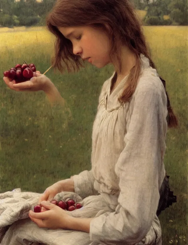 Prompt: Peasant girl eating cherry, portrait, Cottage core, Cinematic focus, Polaroid photo, vintage, neutral colors, soft lights, foggy, by Steve Hanks, by Serov Valentin, by Andrei Tarkovsky, by Terrence Malick, 8k render, detailed, oil on canvas