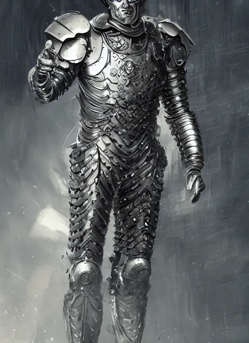 Prompt: powerful male tin man, willem dafoe as tinman, full body character concept, covered in full metal armor, plating, art nouveau, super powers, fantasy, intricate, elegant, highly detailed, digital painting, artstation, concept art, shining, sharp focus, illustration, art by stanley lau