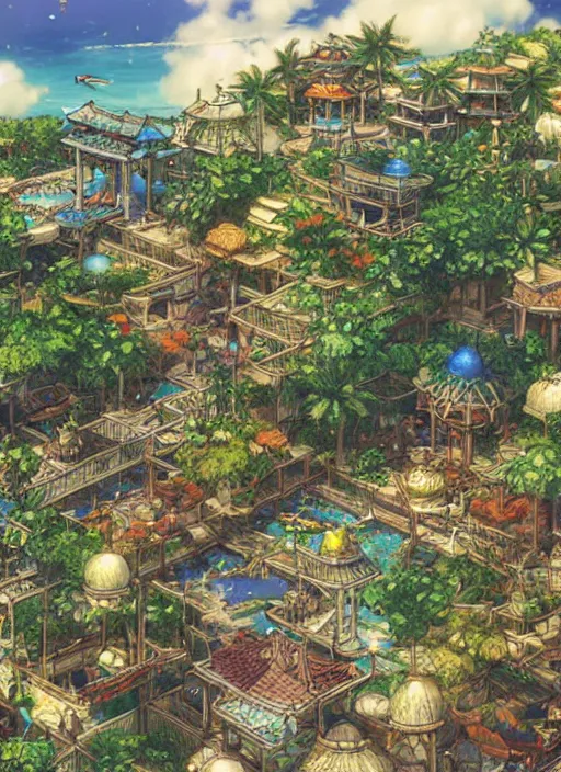 Image similar to Fantasy tropical port town. hidari, color page, tankoban, 4K, tone mapping, Akihiko Yoshida.