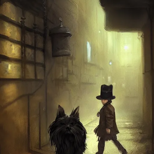 Prompt: detective yorkshire terrier wearing a fedora, in a dark alley, Greg Rutkowski, art station