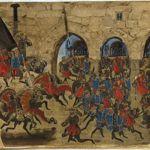 Prompt: a group of Byzantine knights fighting an Anatolian dragon in a gargantuan cistern underneath Istanbul