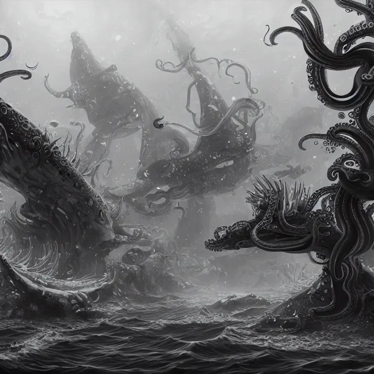 Prompt: black and white, returnal biome, city, technology, sea enemies, extra teeth, tentacles, highly detailed, digital painting, artstation, concept art, sharp focus, illustration, unreal engine 5, 8 k