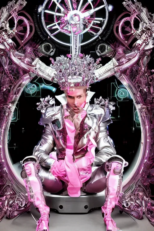 Prompt: full-body rococo and cyberpunk style neon statue of a muscular attractive Colby O'Donis macho dotado e rico android sim roupa reclining con las piernas abertas e la piroca dura, glowing white laser eyes, prince crown of pink gears, diamonds, swirling silver-colored silk fabric. futuristic elements. full-length view. space robots. human skulls. intricate artwork by caravaggio. Trending on artstation, octane render, cinematic lighting from the right, hyper realism, octane render, 8k, depth of field, 3D