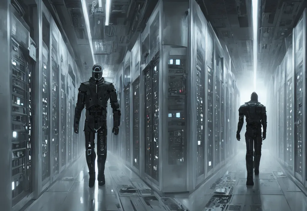 Image similar to art by vincent lefevre, shot of film cyborg walking in server room, data center character design, altermodern, synthwave, matte painting, trending on artstation, volumetric lighting, dramatic lighting, extreamly detailed, cinemaitc, octane