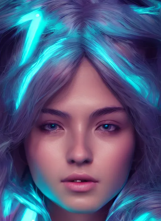 Image similar to glowwave girl portrait, hyper detailed, 3 / 4 shot, digital art, trending in artstation, cinematic lighting, studio quality, smooth render, unreal engine 5 rendered, octane rendered, art style by klimt and nixeu and ian sprigger and wlop and krenz cushart, none crop, full face