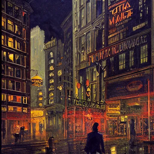 Prompt: muted color ultra realistic painting of 1 9 2 5 boston downtown at night in doctor strange's mirror dimension, dark, brooding, night, atmospheric, horror, cosmic, ultra - realistic, smooth, highly detailed in the style of clyde caldwell