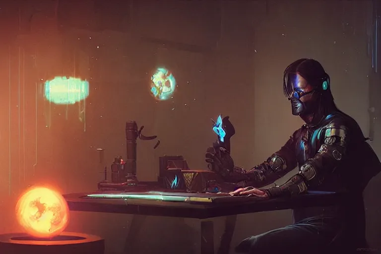 Image similar to sci fi cyberpunk fantasy art prompt magician studying casting spells with keyboard, by greg rutkowski ultrahd dark volumetric lighting hyper detailed unreal engine octane render