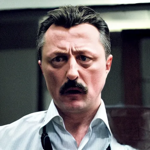 Prompt: Igor Ghirkin Strelkov as The American Psycho doing the Bateman stare, cinematic still