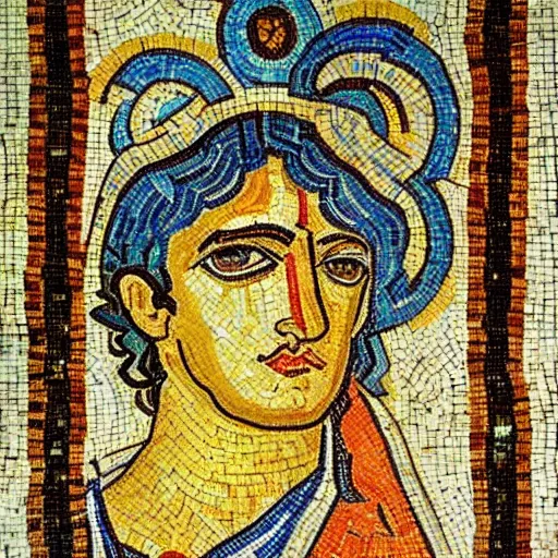 Prompt: a beautiful roman mosaic of the god krishna un the style of vincent van gogh