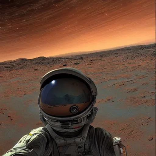 Image similar to alien taking a selfie on mars, dramatic lighting, cinematic, establishing shot, extremly high detail, photorealistic, cinematic lighting, artstation, style by James Gurney