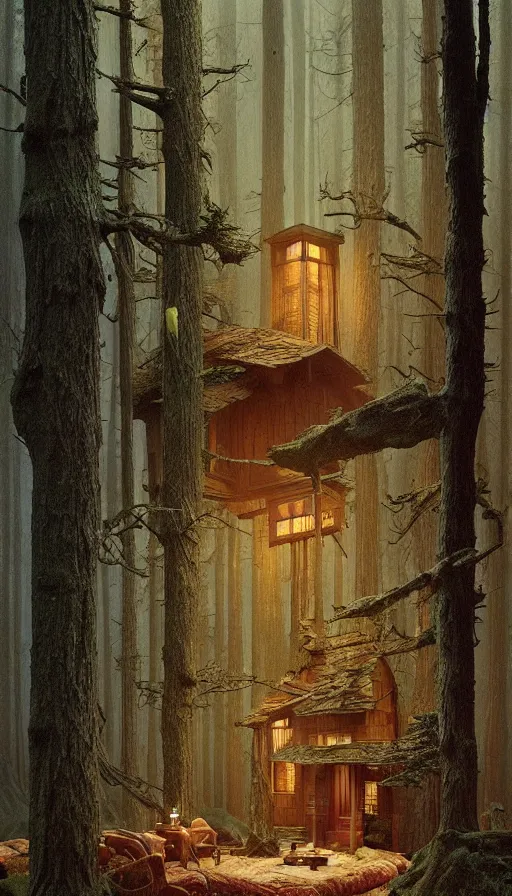 Image similar to cozy home in the woods moody lighting, highly detailed, painting by zdzisław beksinski and norman rockwell and greg rutkowskiweta studio, and lucasfilm